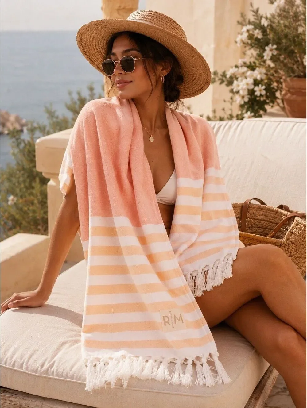 Rachel Miriam Positano Turkish Beach Towel Peach Striped Fringe NWT/NIP